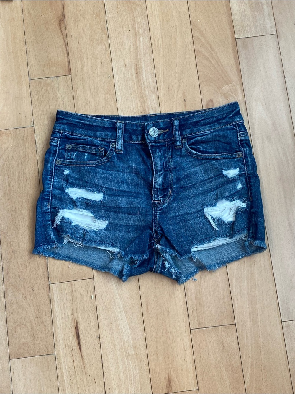American Eagle Hi-Rise Shortie Distressed Dark Wash Denim Shorts Size 2